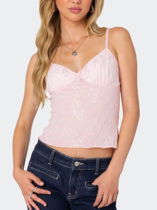 Edikted Tops - Edikted Pink Lace Mesh Cami Top NWT Size S Fairy Coquette